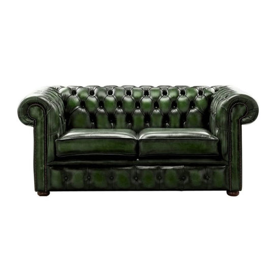 Classic Chesterfield 2 Seater ANTIQUE GREEN Real Leather Sofa