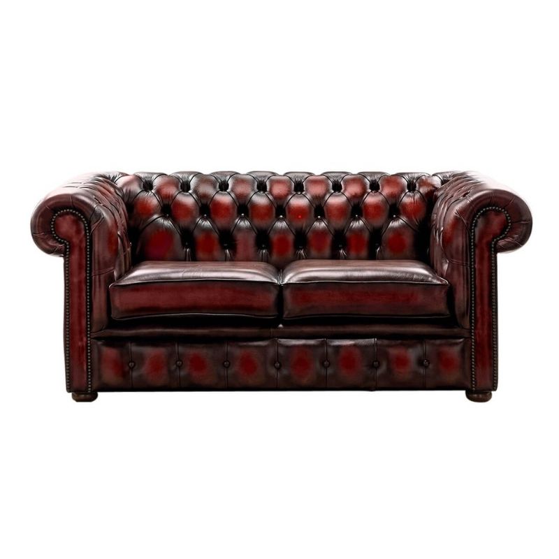 Classic Chesterfield 2 Seater ANTIQUE OXBLOOD RED Real Leather Sofa
