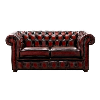 Classic Chesterfield 2 Seater ANTIQUE OXBLOOD RED Real Leather Sofa