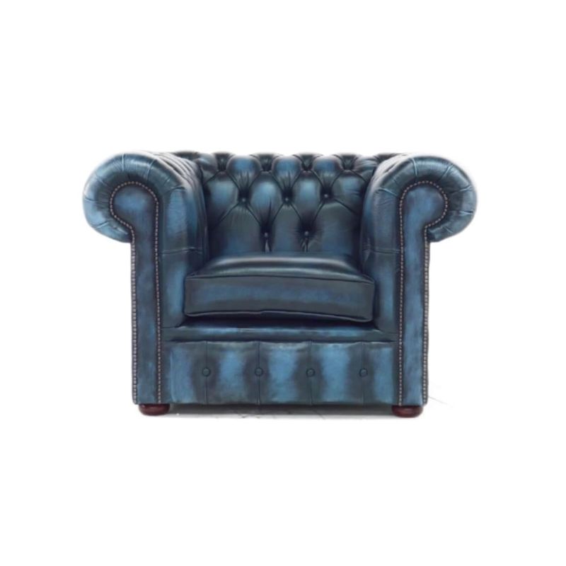 Chesterfield Low Back Club Armchair ANTIQUE BLUE Real Leather Classic Chesterfield Low Back Club Armchair ANTIQUE BLUE Real Leather