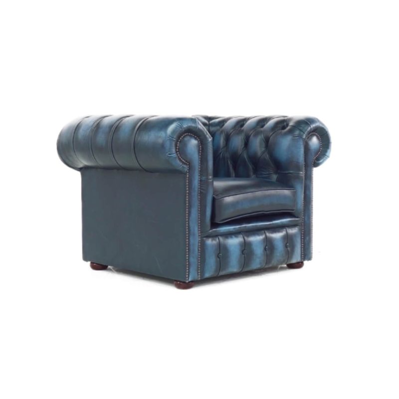 Chesterfield Low Back Club Armchair ANTIQUE BLUE Real Leather Classic Chesterfield Low Back Club Armchair ANTIQUE BLUE Real Leather