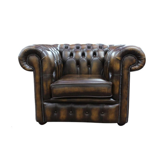 Chesterfield Low Back Club Armchair ANTIQUE GOLD Real Leather + FREE Leather Cleaner