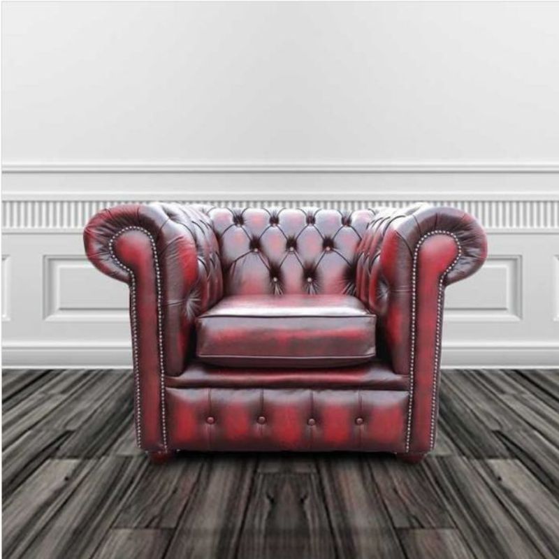 Chesterfield Low Back Club Armchair ANTIQUE OXBLOOD RED Real Leather