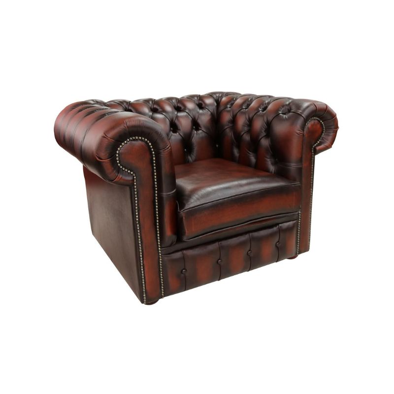 Chesterfield Low Back Club Armchair ANTIQUE RUST Real Leather + FREE Leather Cleaner