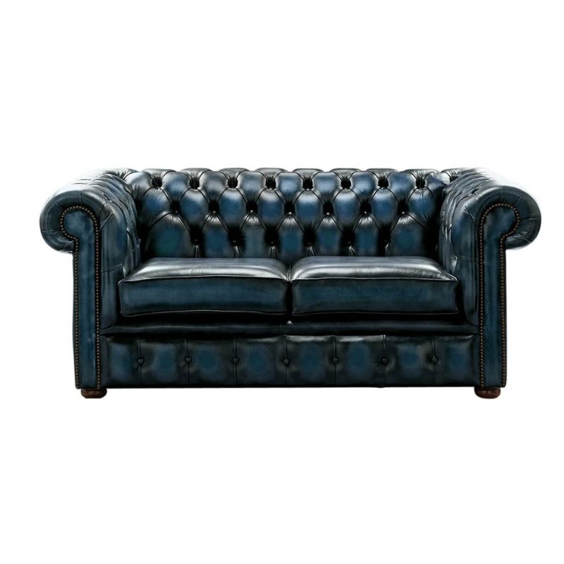 Classic Chesterfield 2 Seater ANTIQUE BLUE Real Leather Sofa