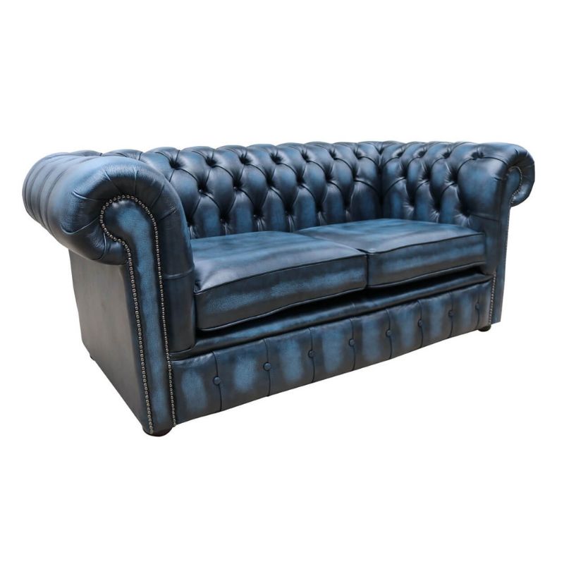 Classic Chesterfield 2 Seater ANTIQUE BLUE Real Leather Sofa