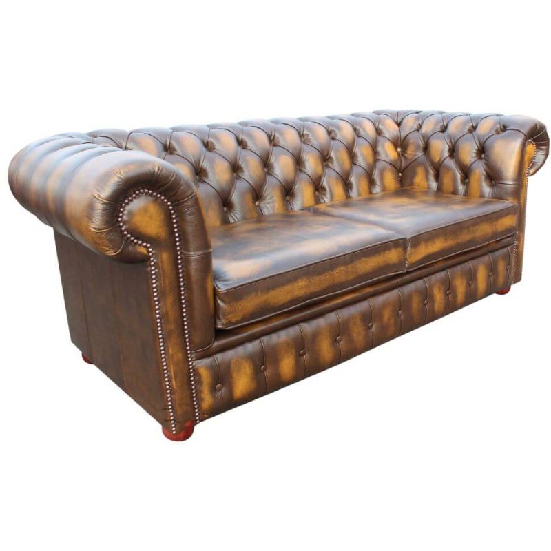 Classic Chesterfield 2 Seater ANTIQUE GOLD Real Leather Sofa