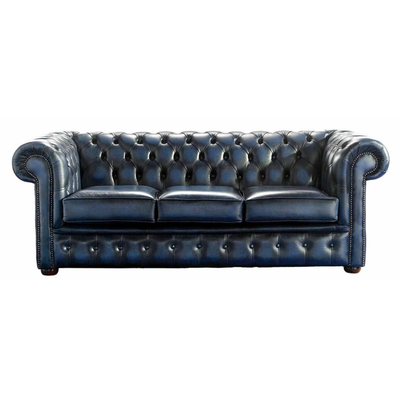 Classic Chesterfield Buttoned 3 Seater Sofa Antique PREMIUM Leather 6 Colours Blue